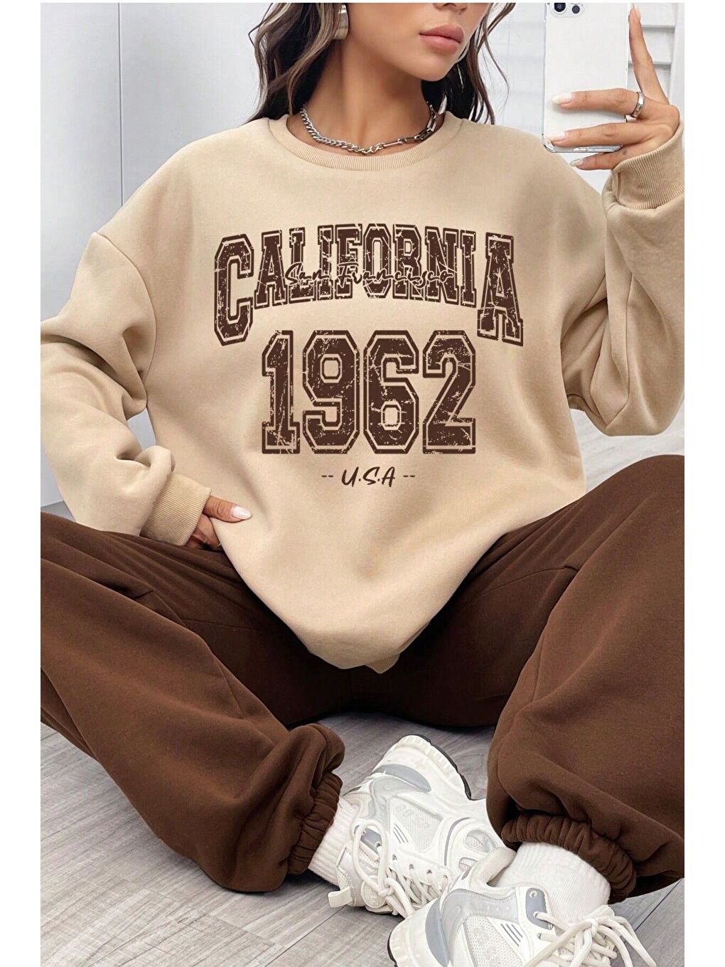 Unisex Kahverengi Bej Bisiklet Yaka California Baskılı Alt-Üst Eşofman Takımı