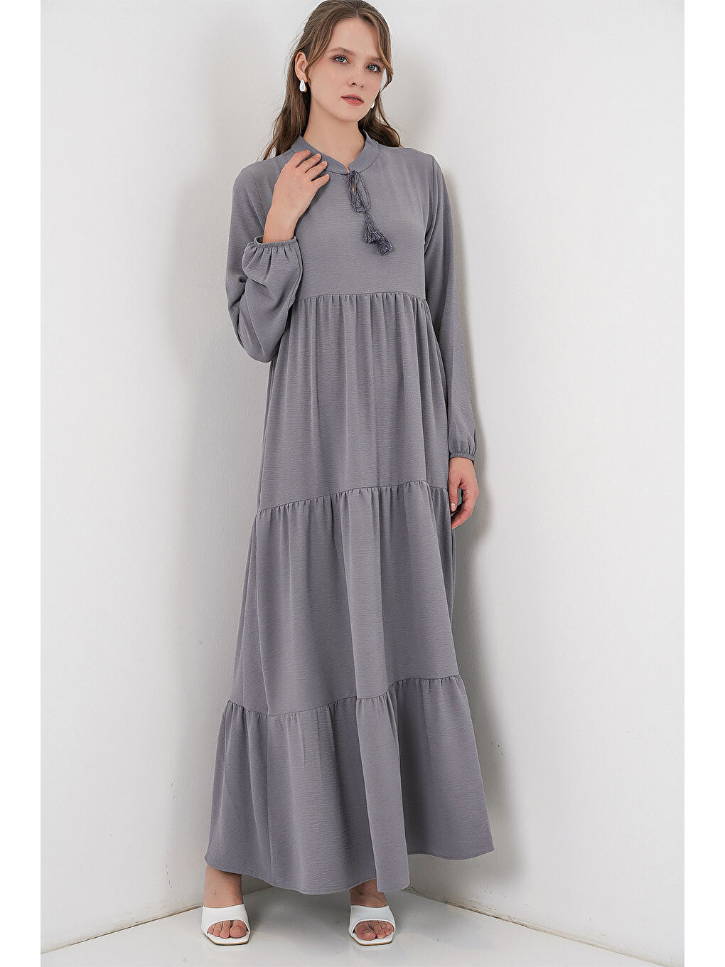 T1627 Yaka Bağcıklı Elbise - Gri-3