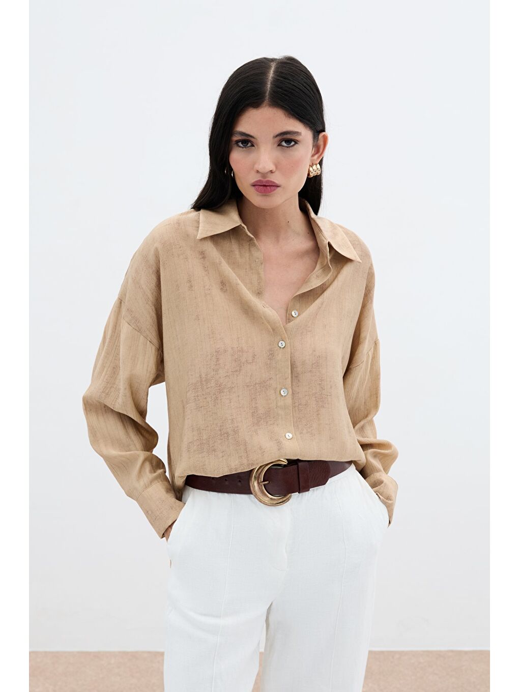 Kahverengi Desenli İnce Salaş Gömlek - Camel