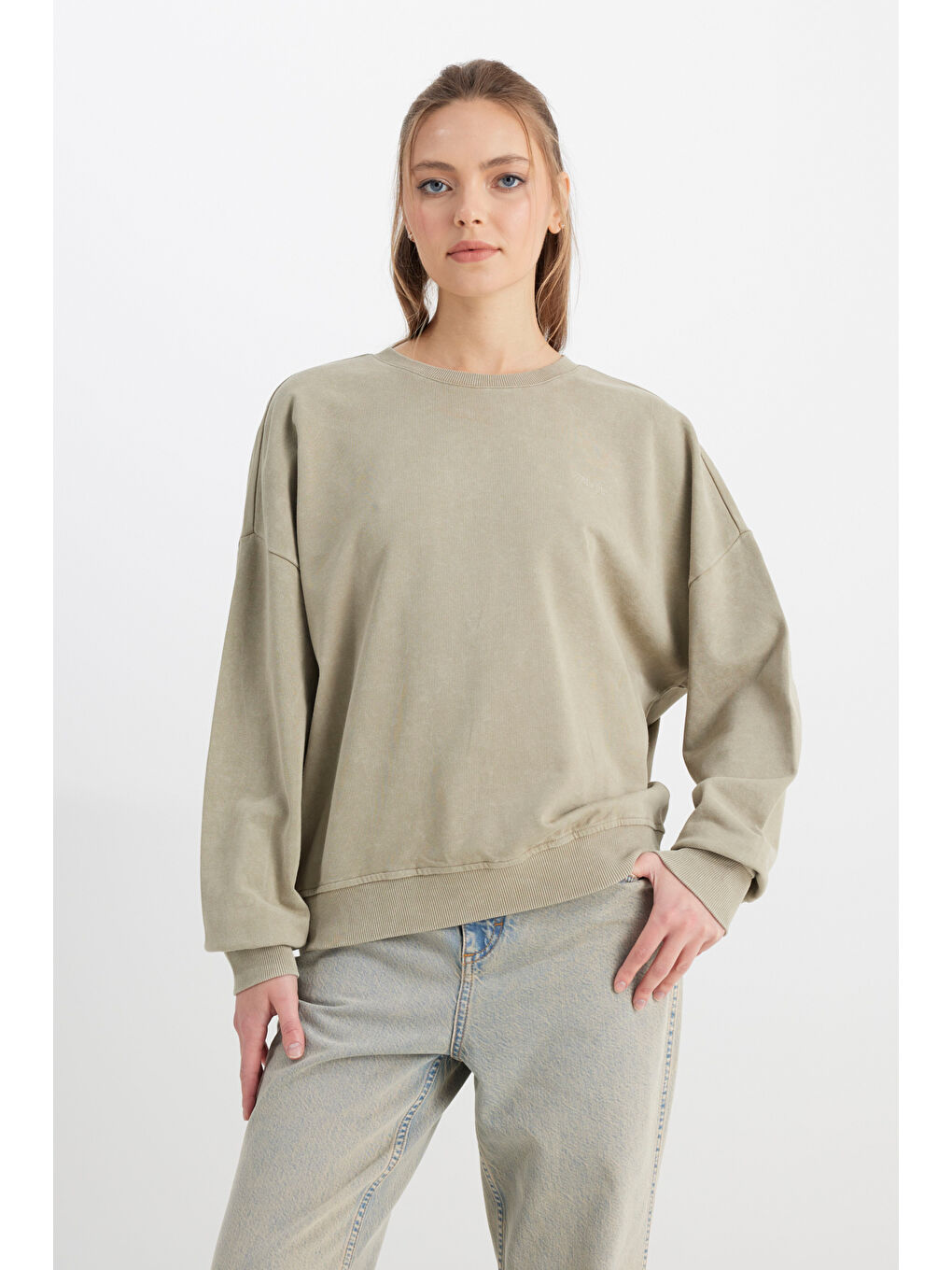 Relaxed Fit Geniş Kesim Bisiklet Yaka %100 Pamuk Haki Sweatshirt-3