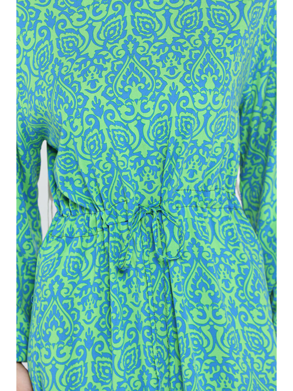 Yeşil Desenli Bel Bağlamalı Tesettür Viskon Elbise-7