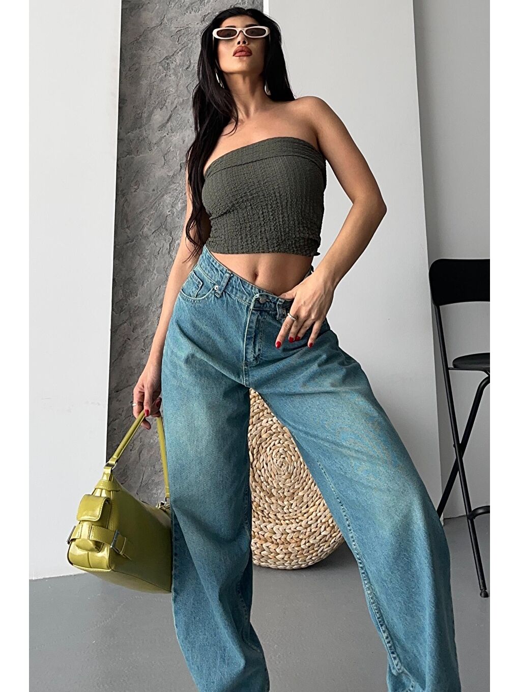 Taş Bıyık Baggy Jean Pantolon Yeşil Tint Yikama - 27270-3