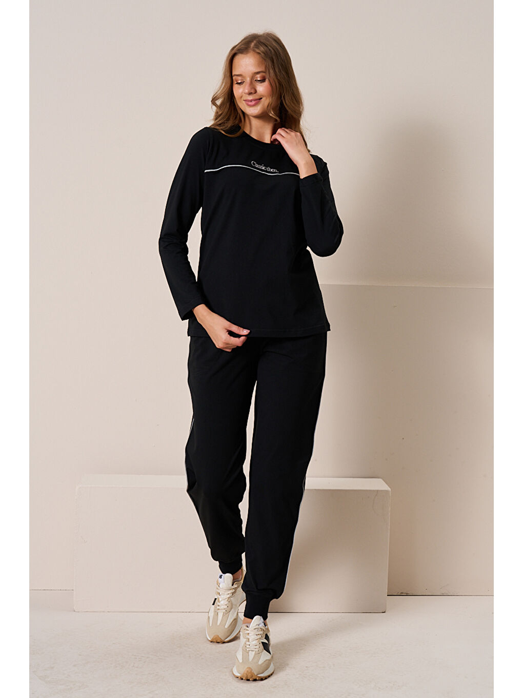 Kadın Penye Uzun Kol Pijama Takımı 3197 Siyah-1