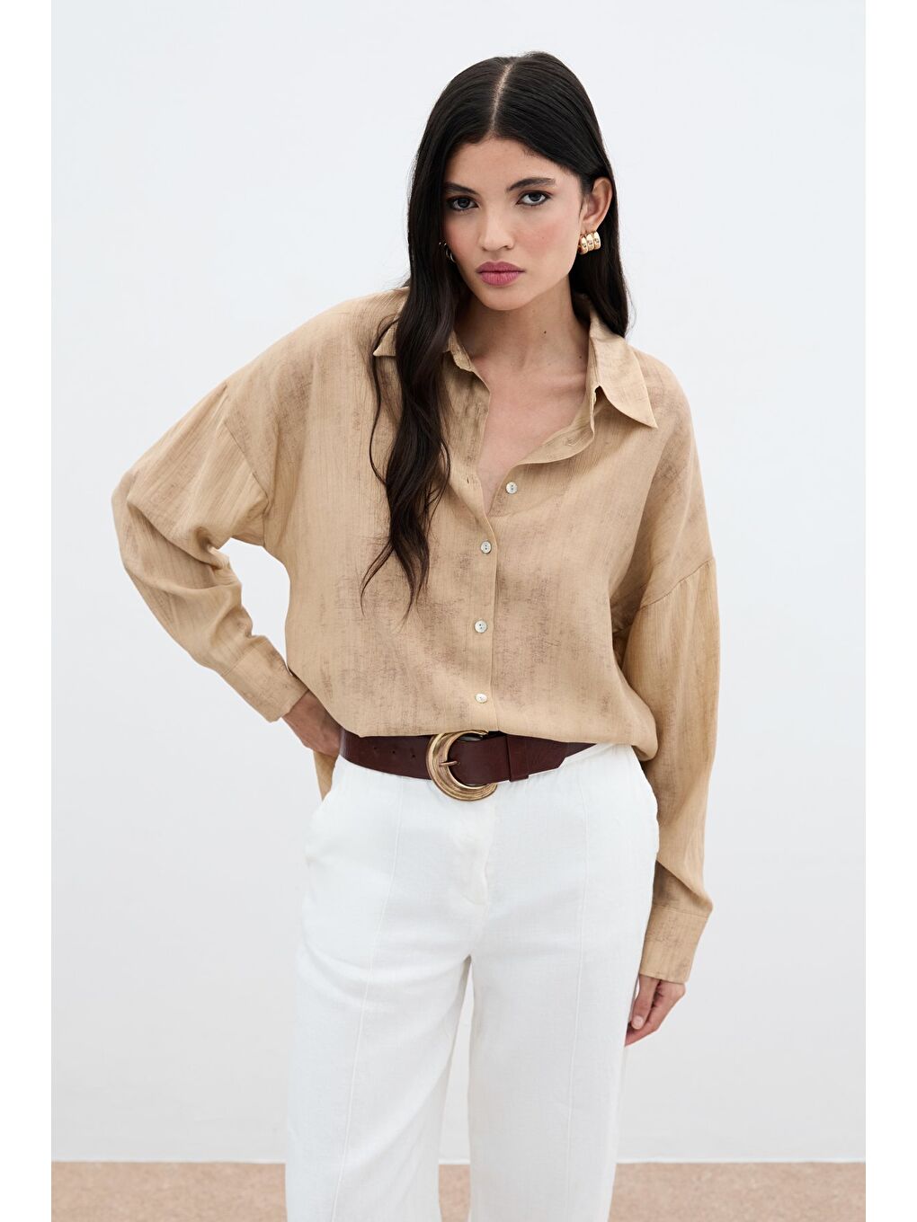 Kahverengi Desenli İnce Salaş Gömlek - Camel-1