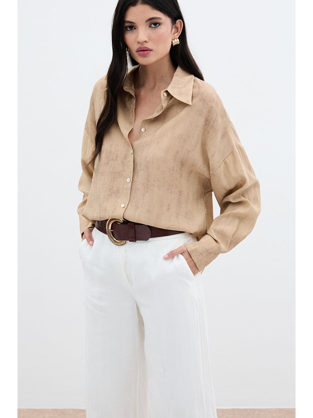 Kahverengi Desenli İnce Salaş Gömlek - Camel-2