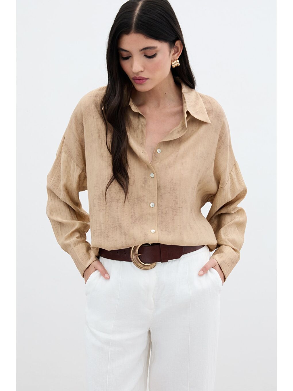 Kahverengi Desenli İnce Salaş Gömlek - Camel-3