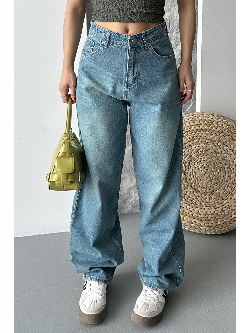 Taş Bıyık Baggy Jean Pantolon Yeşil Tint Yikama - 27270-4