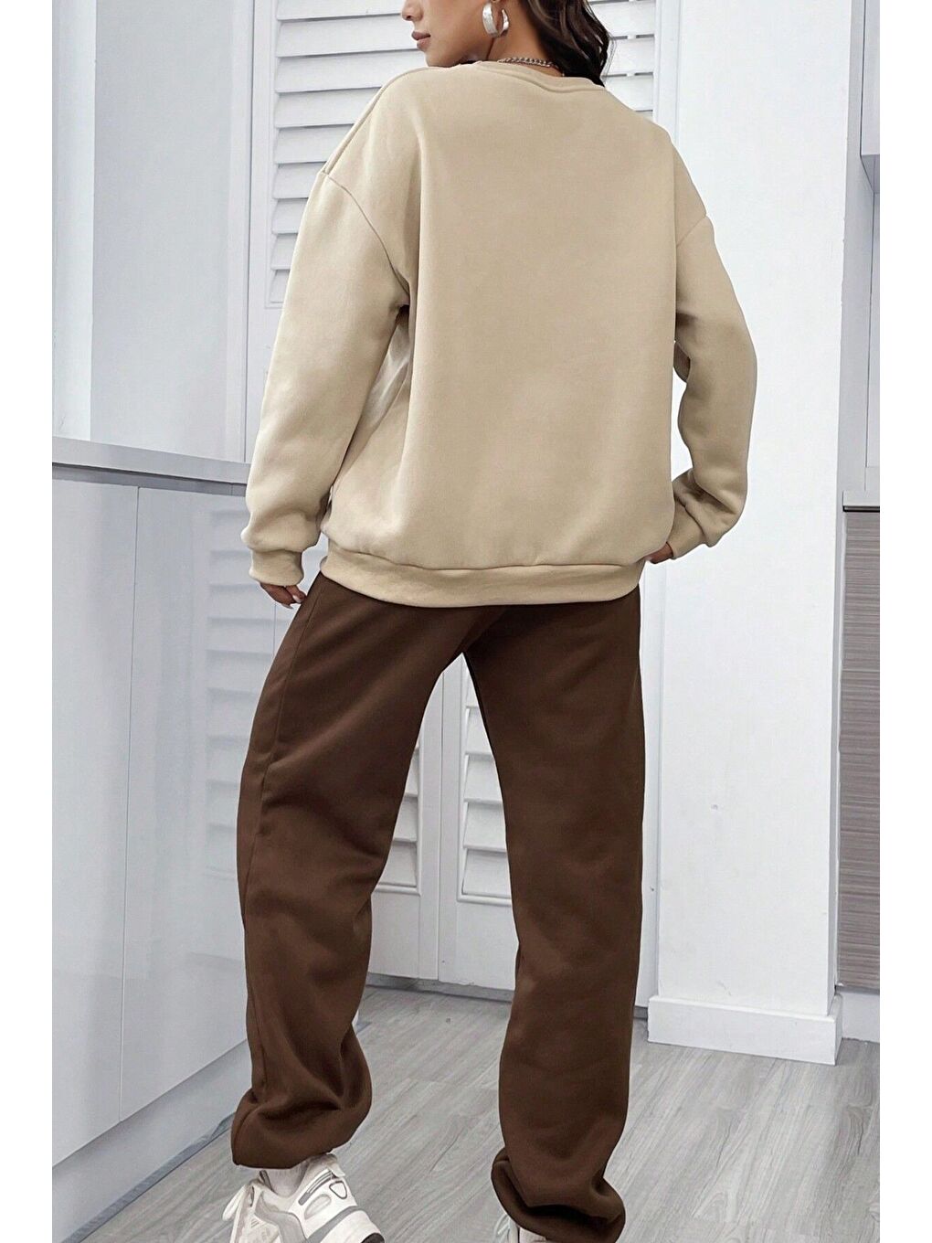 Unisex Kahverengi Bej Bisiklet Yaka California Baskılı Alt-Üst Eşofman Takımı-1