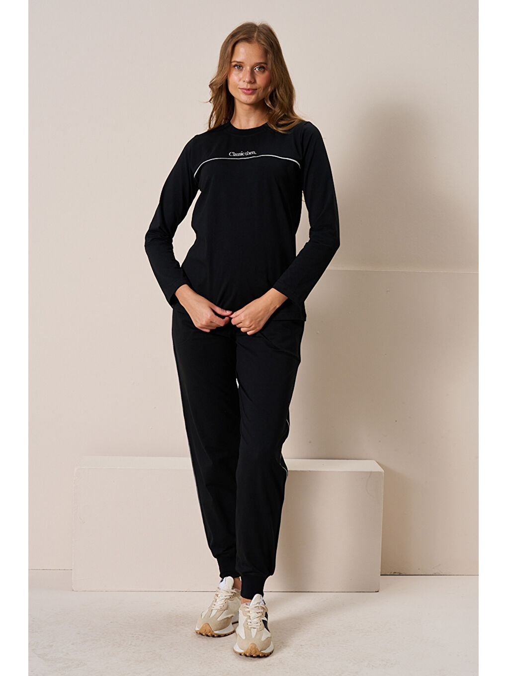 Kadın Penye Uzun Kol Pijama Takımı 3197 Siyah-2