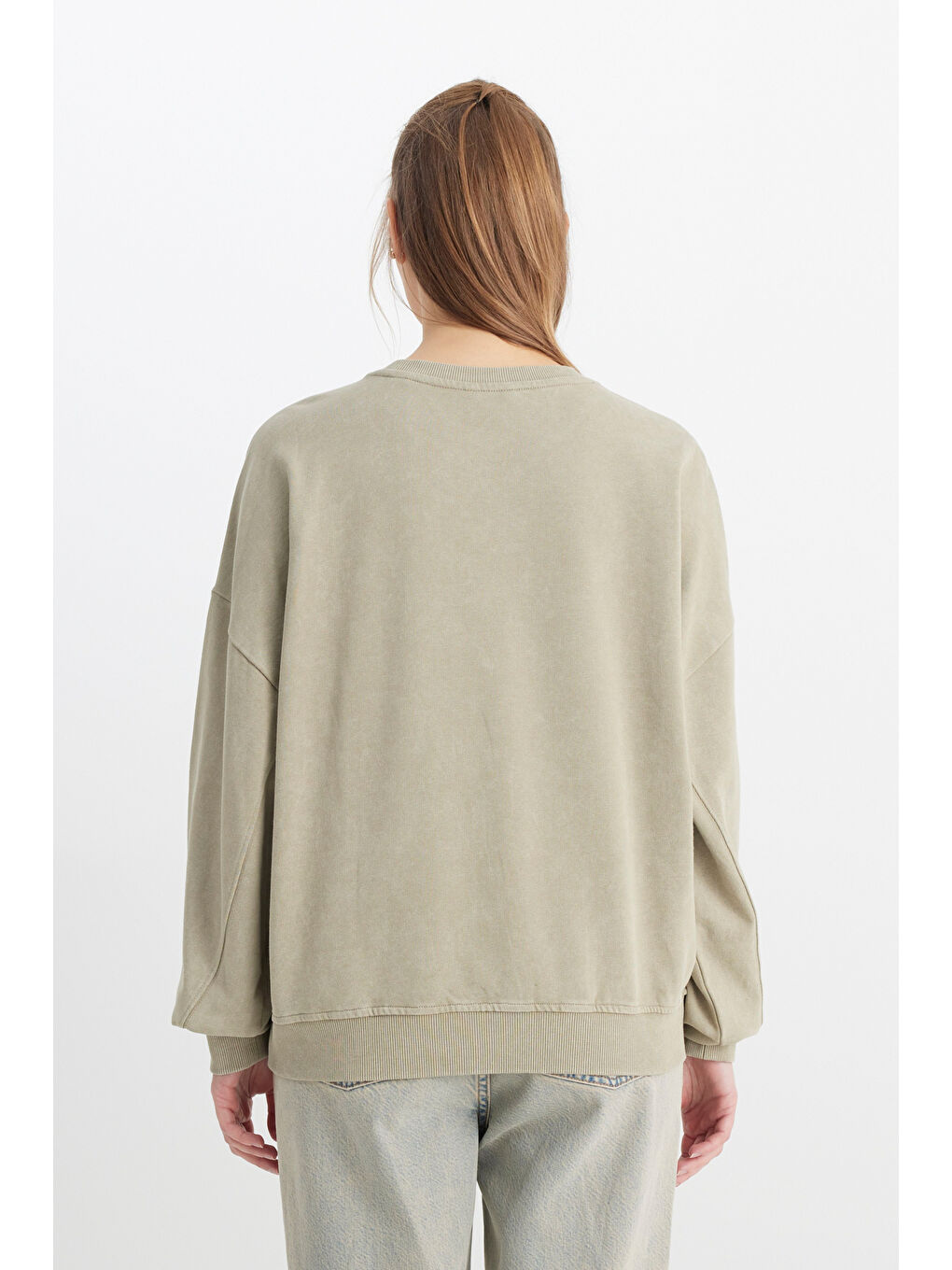 Relaxed Fit Geniş Kesim Bisiklet Yaka %100 Pamuk Haki Sweatshirt-4