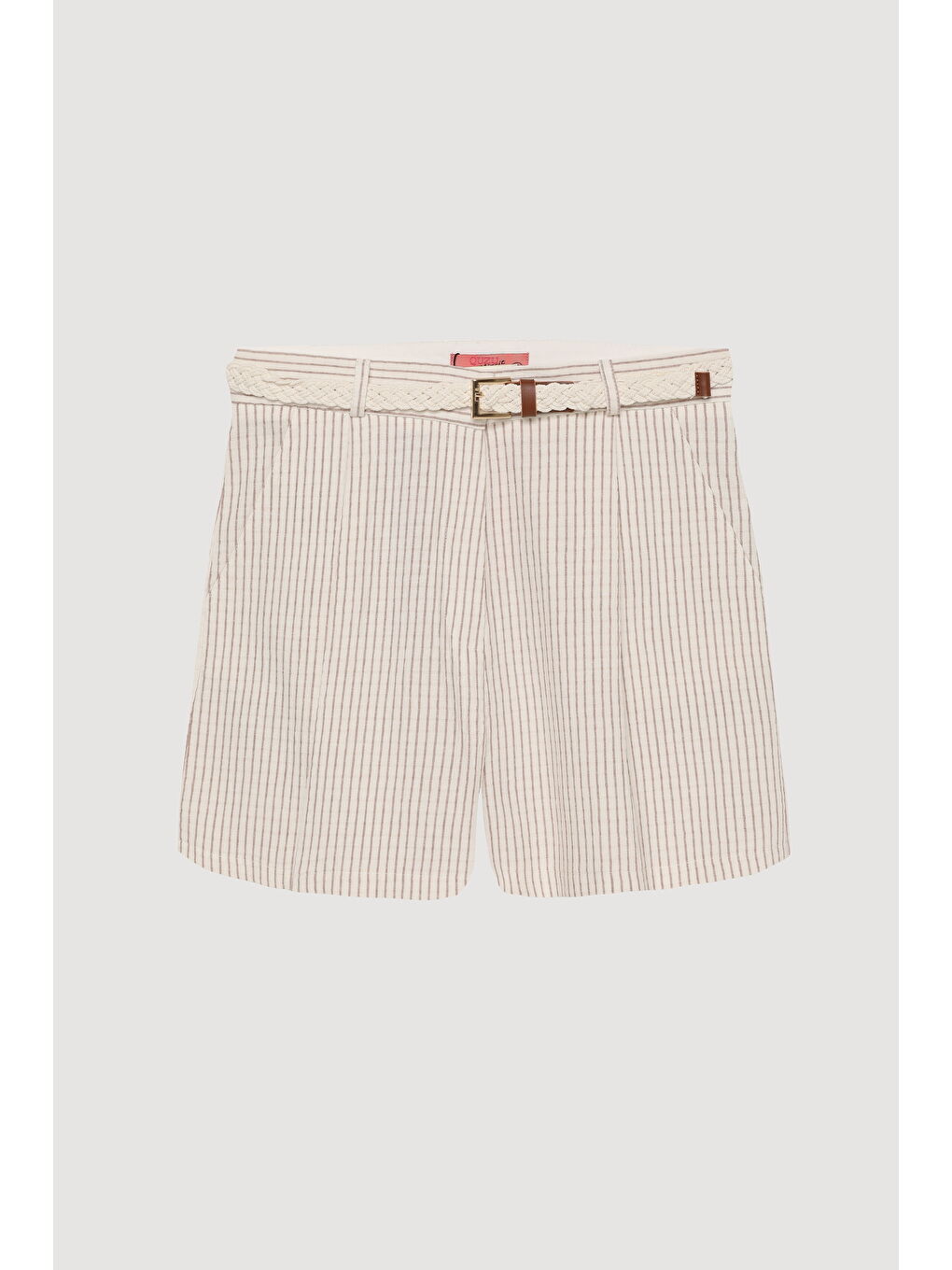Bej Örgü Kemerli İnce Çizgili Mini Şort Naturel