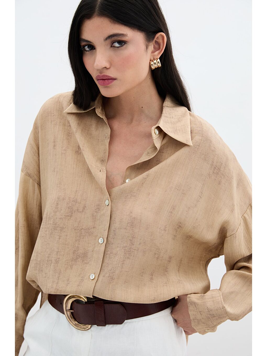 Kahverengi Desenli İnce Salaş Gömlek - Camel-5