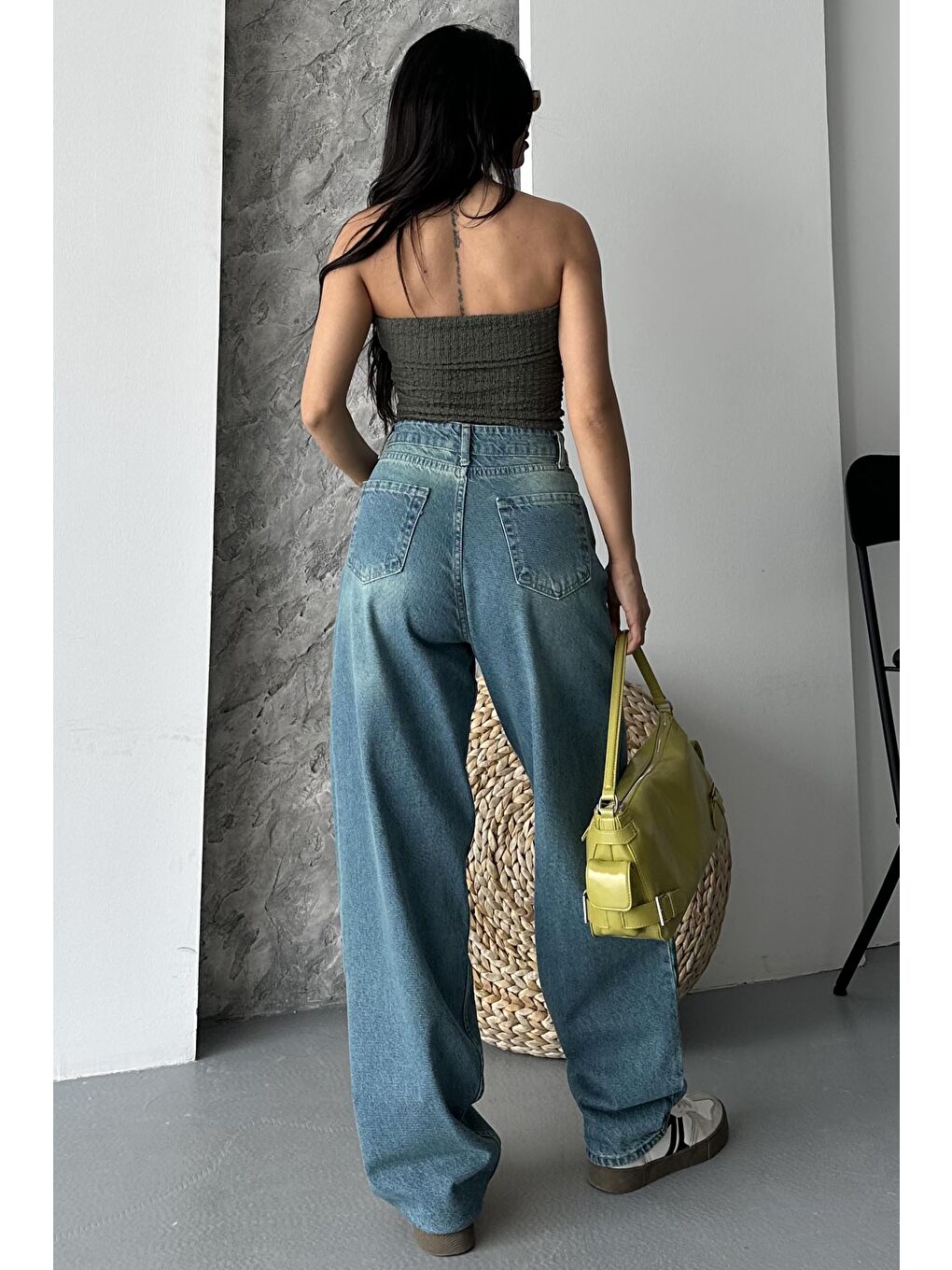 Taş Bıyık Baggy Jean Pantolon Yeşil Tint Yikama - 27270-5