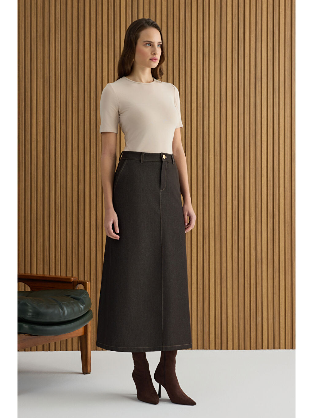 Kahverengi Denim Görünümlü Etek-3