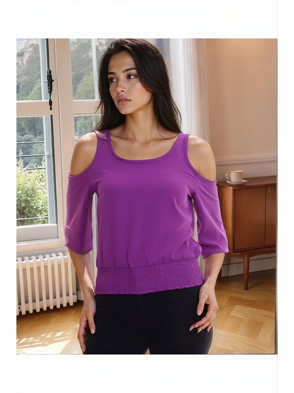 Mor Ayrobin Omuzu Açık Beli Lastikli Kısa Kol Bluz MOR-2