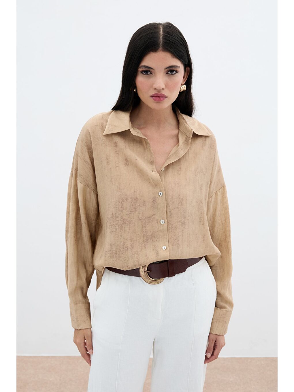 Kahverengi Desenli İnce Salaş Gömlek - Camel-6