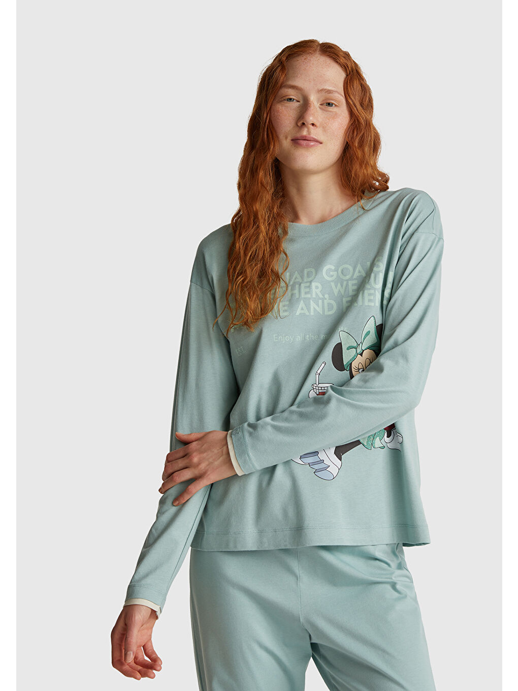 Kadın Açık Yeşil Pamuk Karışımlı Disney Baskılı Pijama üstü