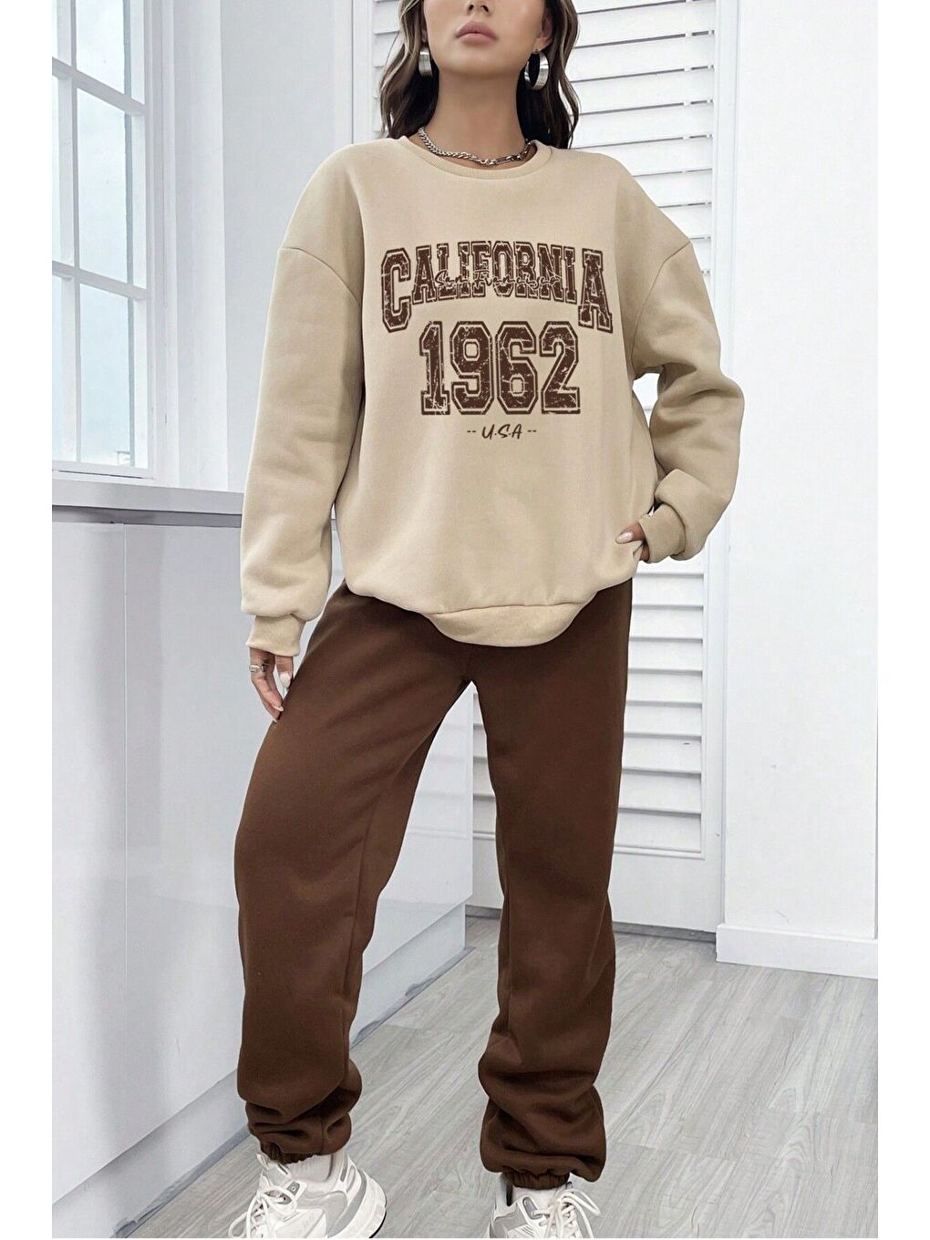 Unisex Kahverengi Bej Bisiklet Yaka California Baskılı Alt-Üst Eşofman Takımı-2