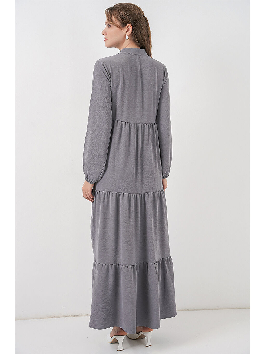 T1627 Yaka Bağcıklı Elbise - Gri-5