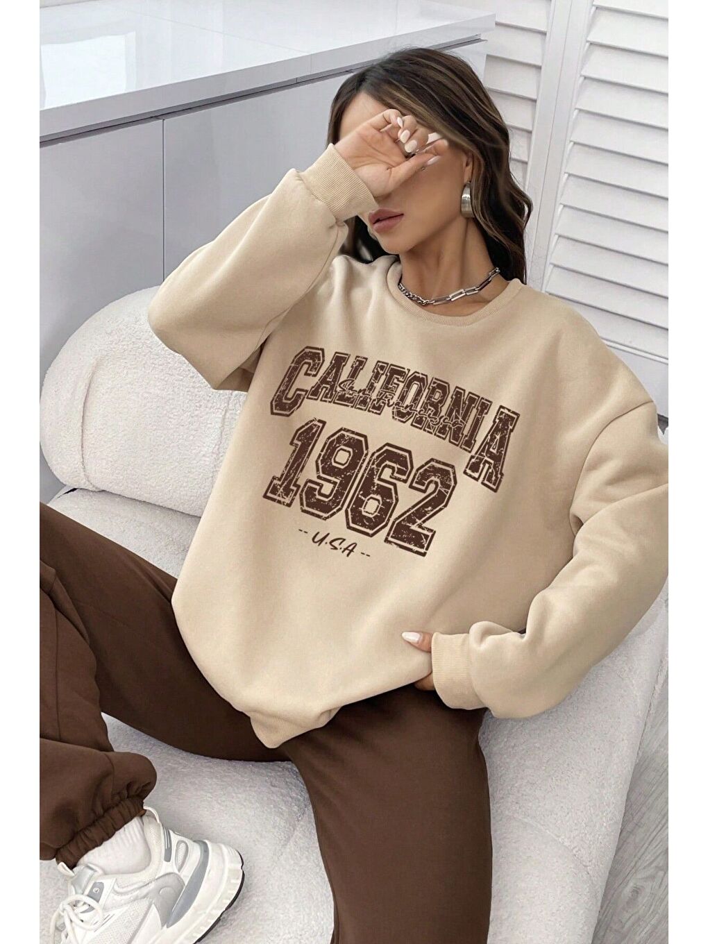 Unisex Kahverengi Bej Bisiklet Yaka California Baskılı Alt-Üst Eşofman Takımı-3