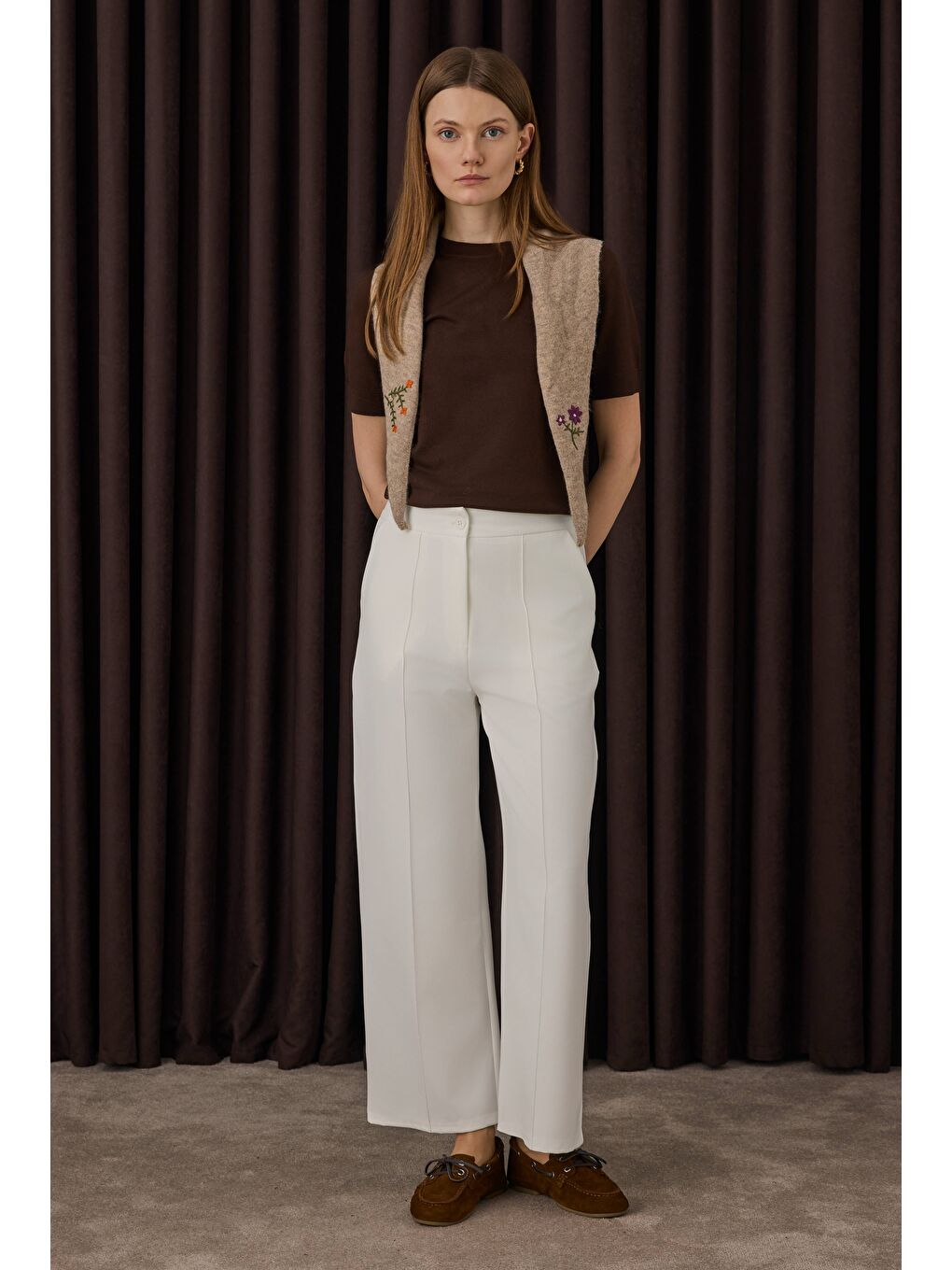 Nervürlü Midi Pantolon Ekru