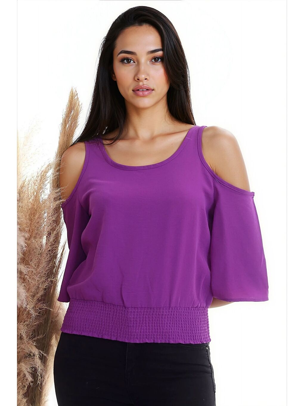 Mor Ayrobin Omuzu Açık Beli Lastikli Kısa Kol Bluz MOR-3