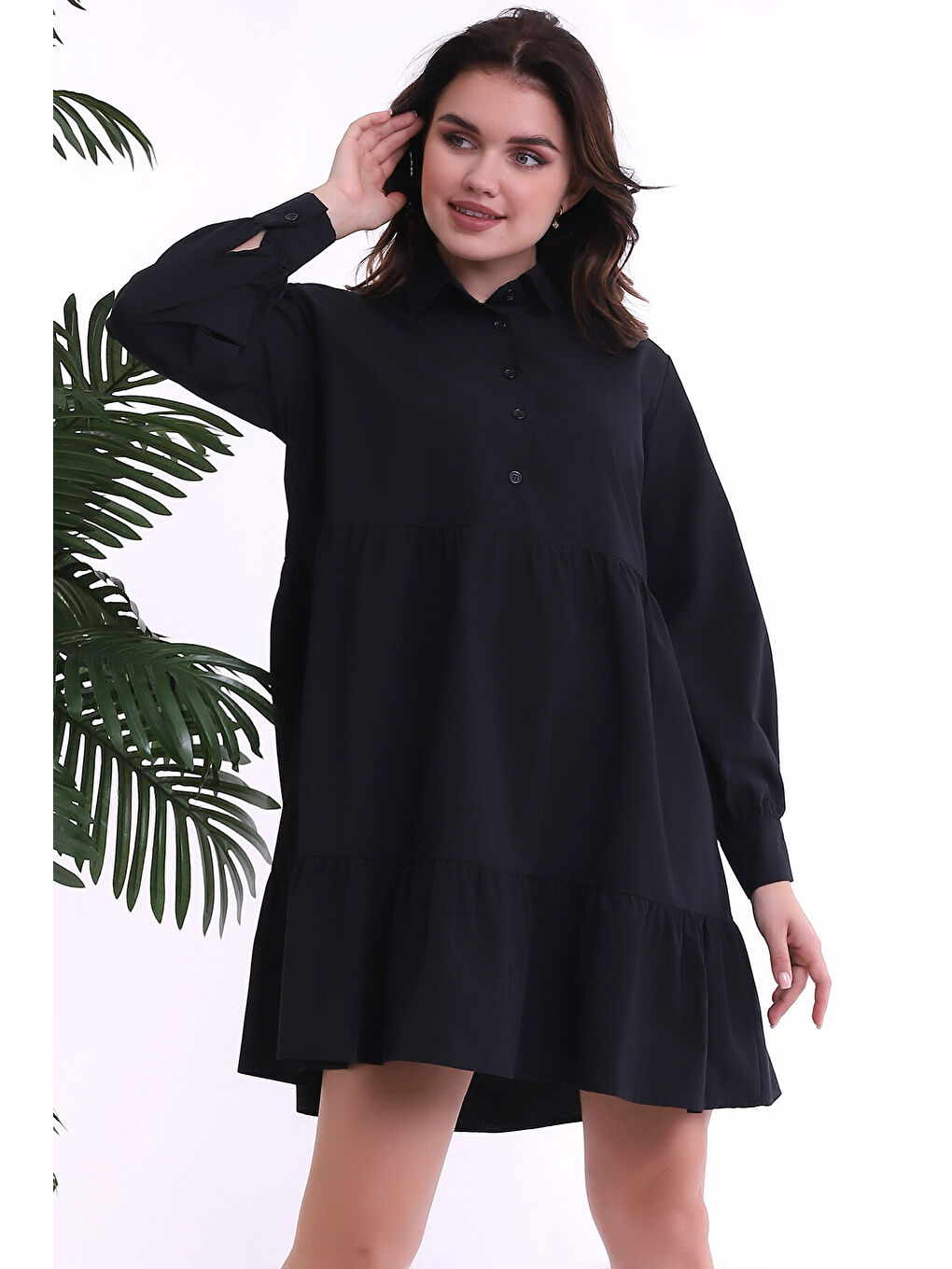 Siyah TerryCotton Gömlek Yaka Patlı Katlı Uzun Kol Elbise SIYAH-1