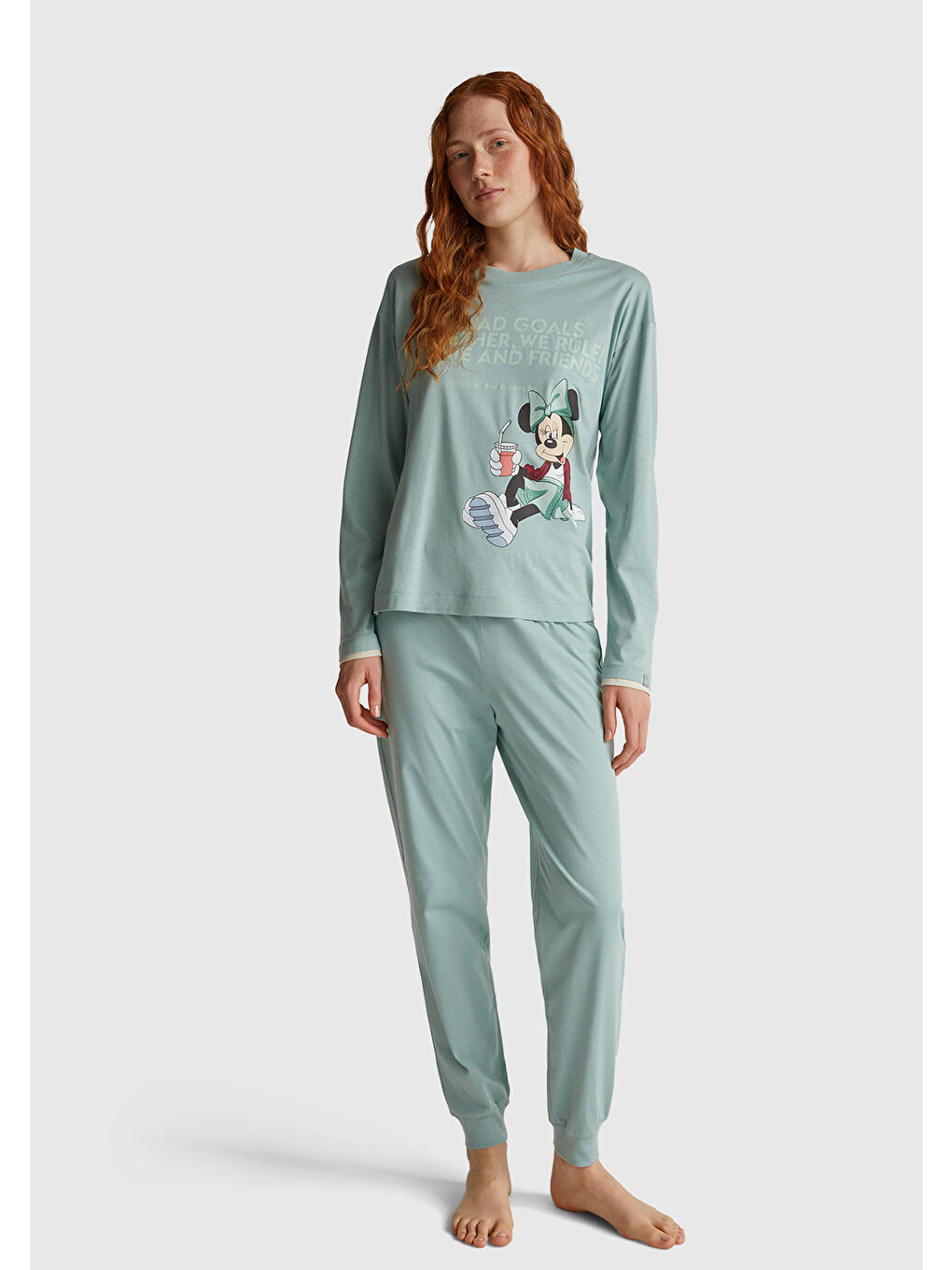 Kadın Açık Yeşil Pamuk Karışımlı Disney Baskılı Pijama üstü-4