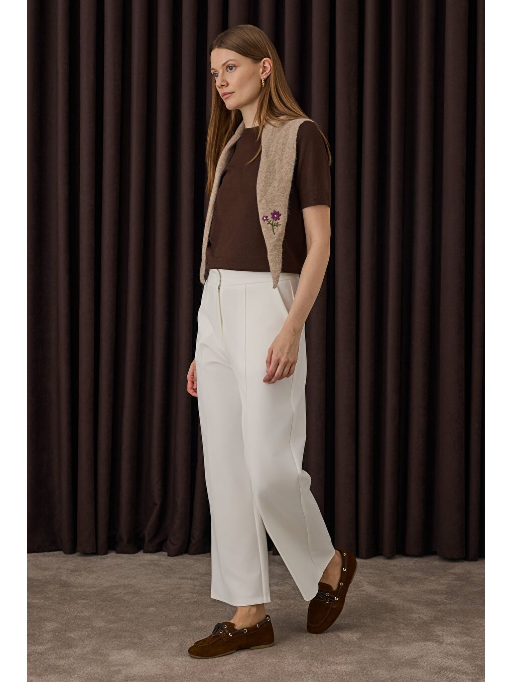 Nervürlü Midi Pantolon Ekru-1