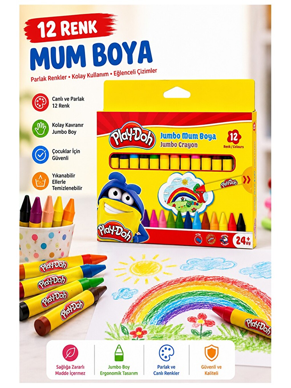 Jumbo Mum Boya 12 Li 1 Paket 12 Renk Mumboya Elleri Kirletmeyen Yıkanabilir Silinebilir Karton Kutu