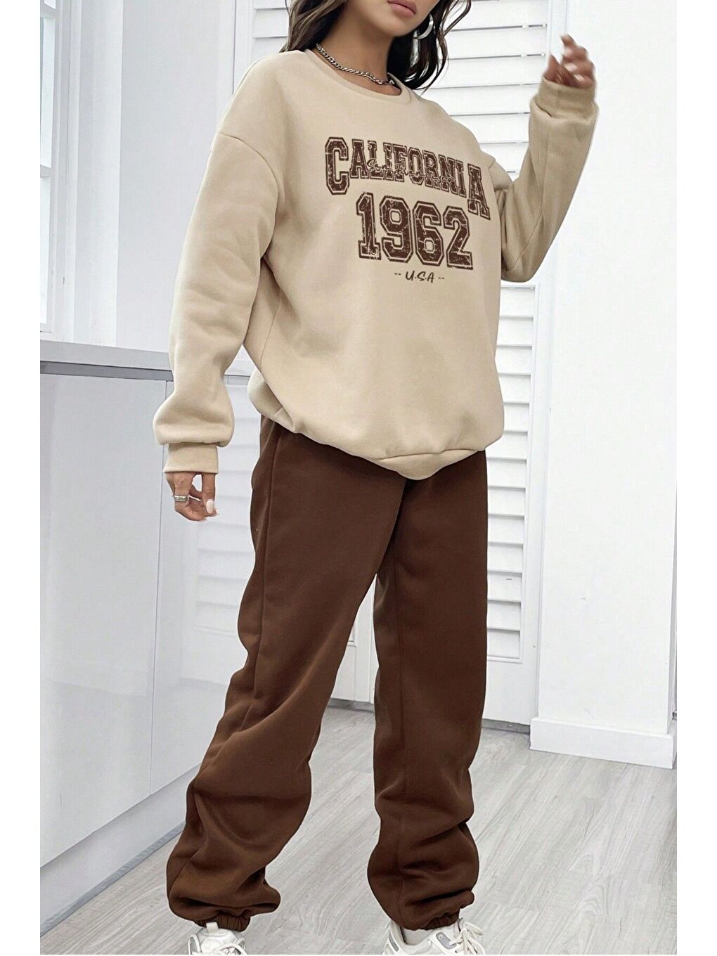 Unisex Kahverengi Bej Bisiklet Yaka California Baskılı Alt-Üst Eşofman Takımı-4