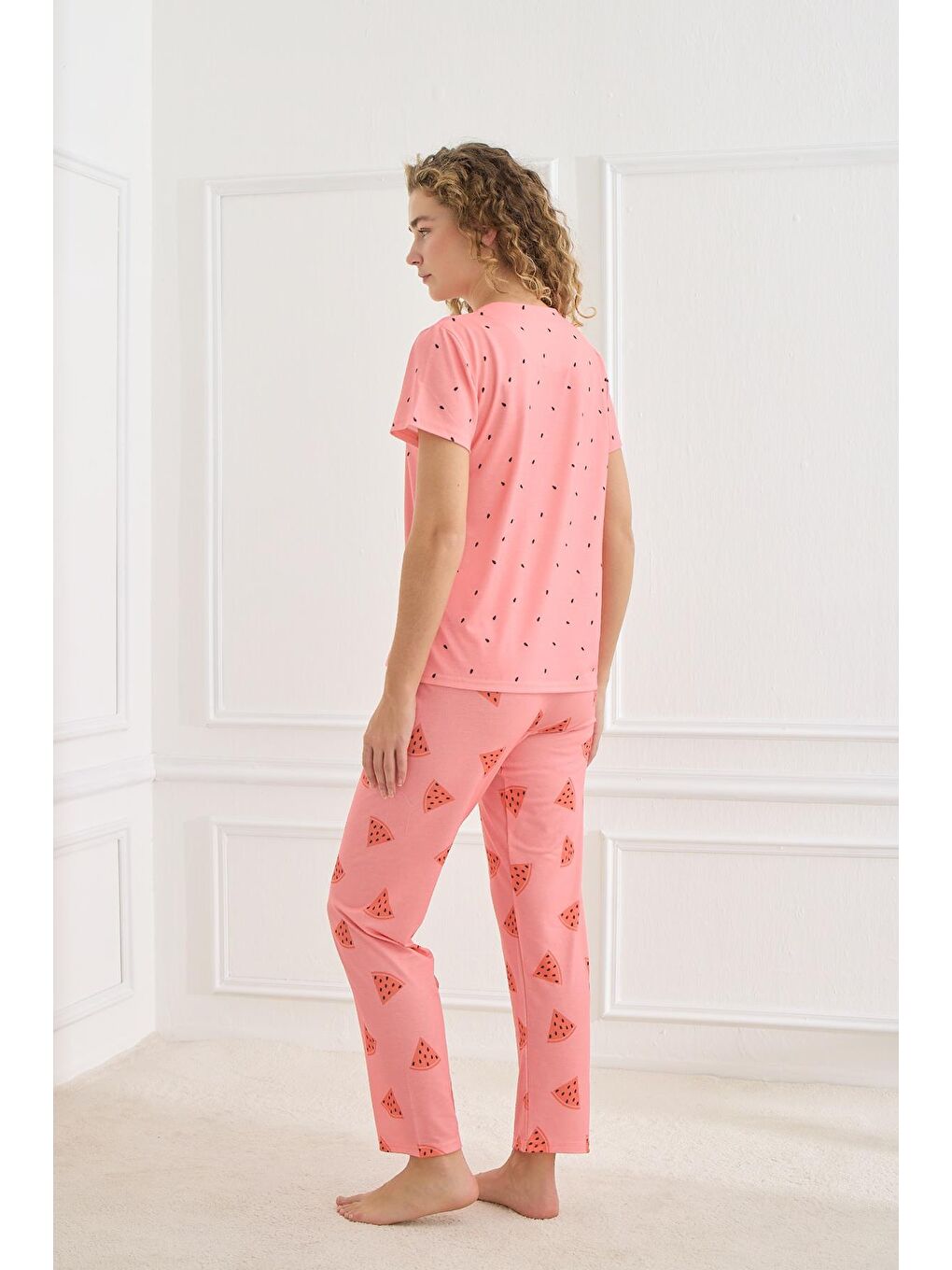 Kadın Desenli Elastanlı Süprem Bisiklet Yaka Pijama Takım | Pembe 70109-921-1