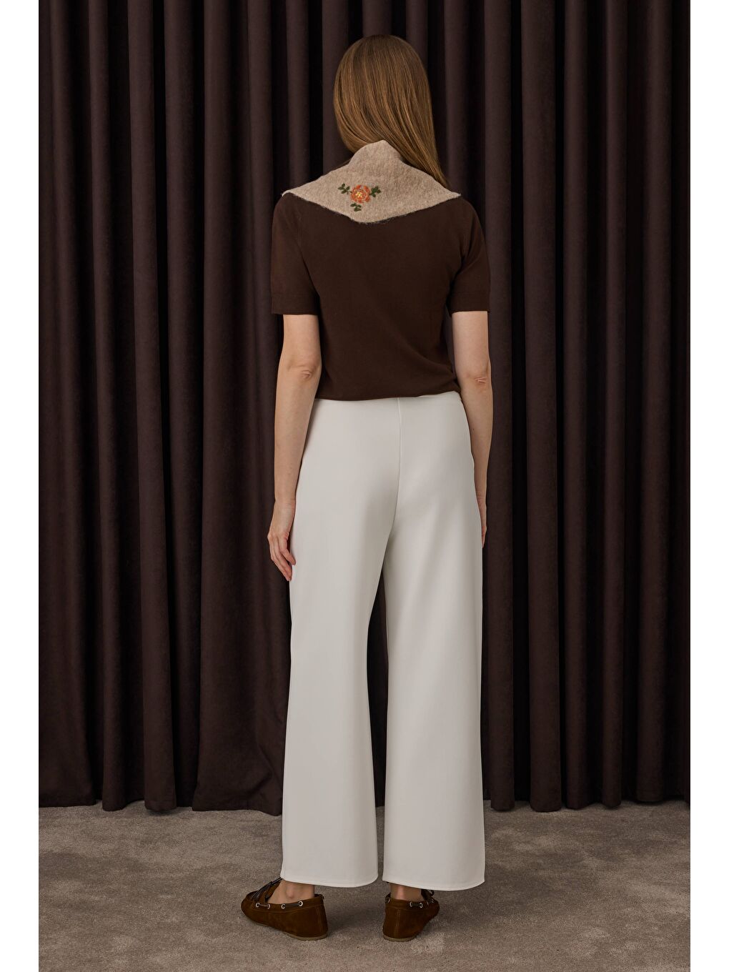 Nervürlü Midi Pantolon Ekru-2