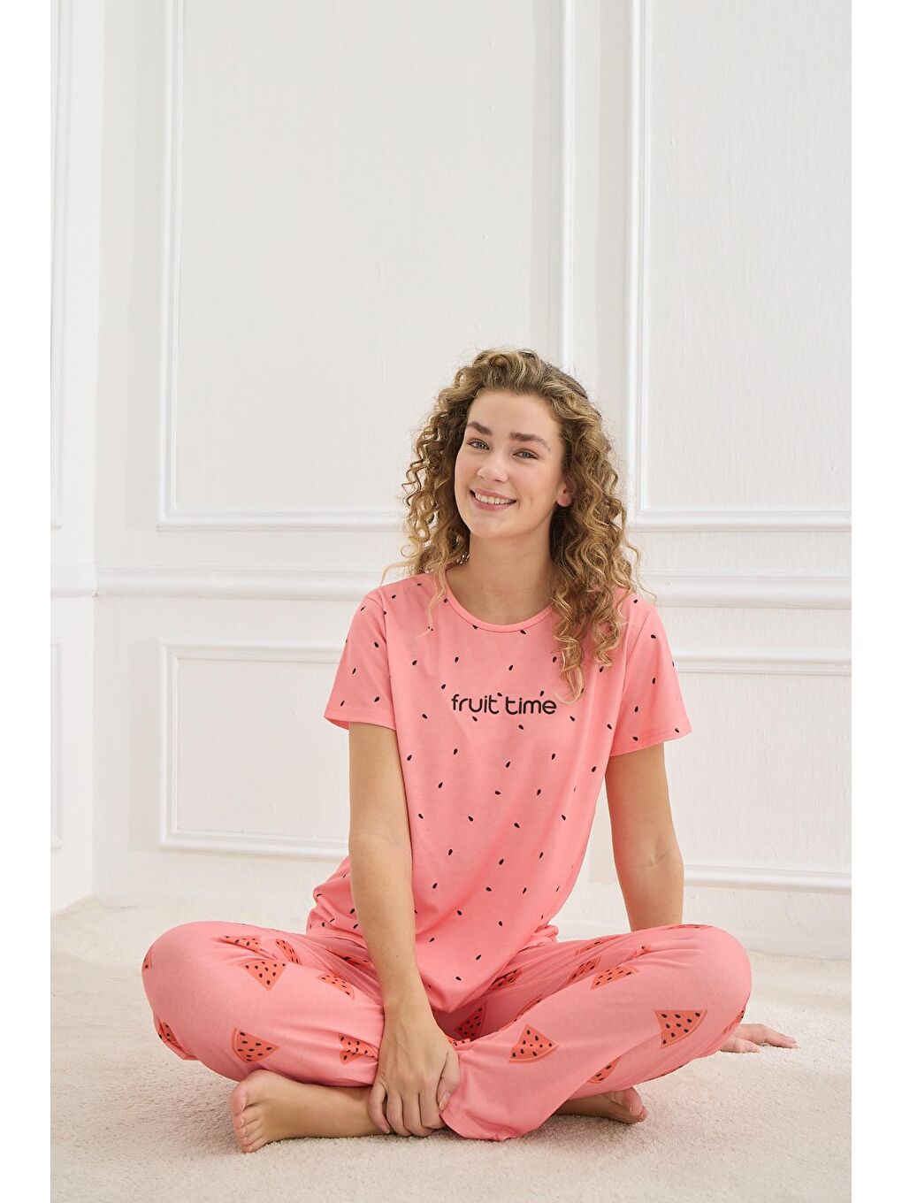 Kadın Desenli Elastanlı Süprem Bisiklet Yaka Pijama Takım | Pembe 70109-921-2