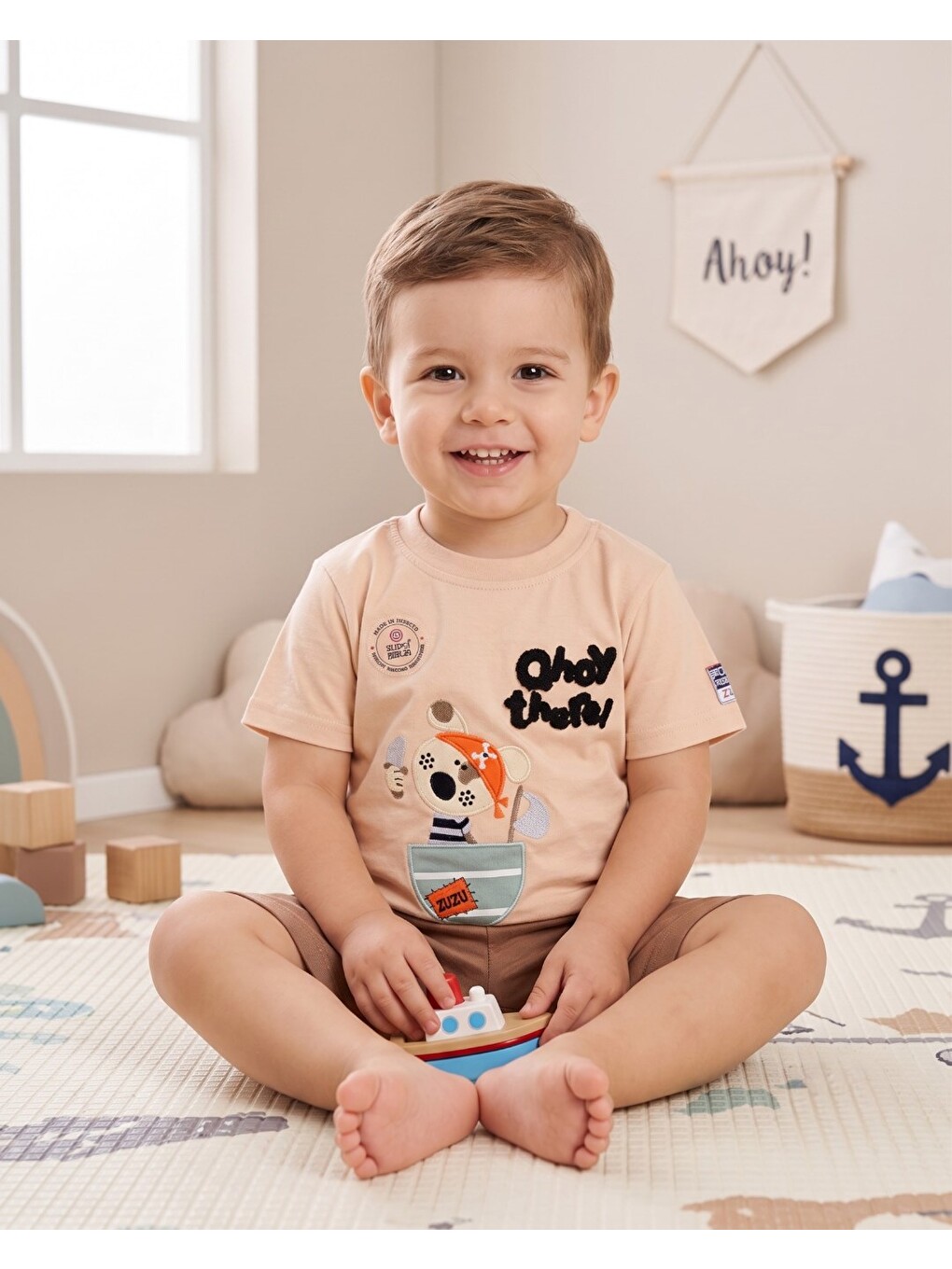 Bej Erkek Bebek Yazlık Nakışlı Şort T-shirt 2'li Takım-1