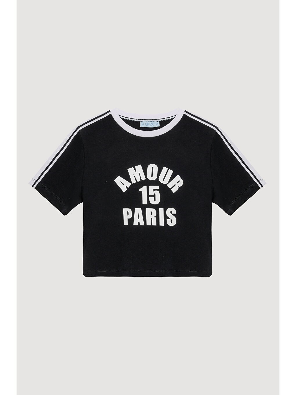 Paris Yazılı Omuzları Biyeli Crop Tişört Lacivert