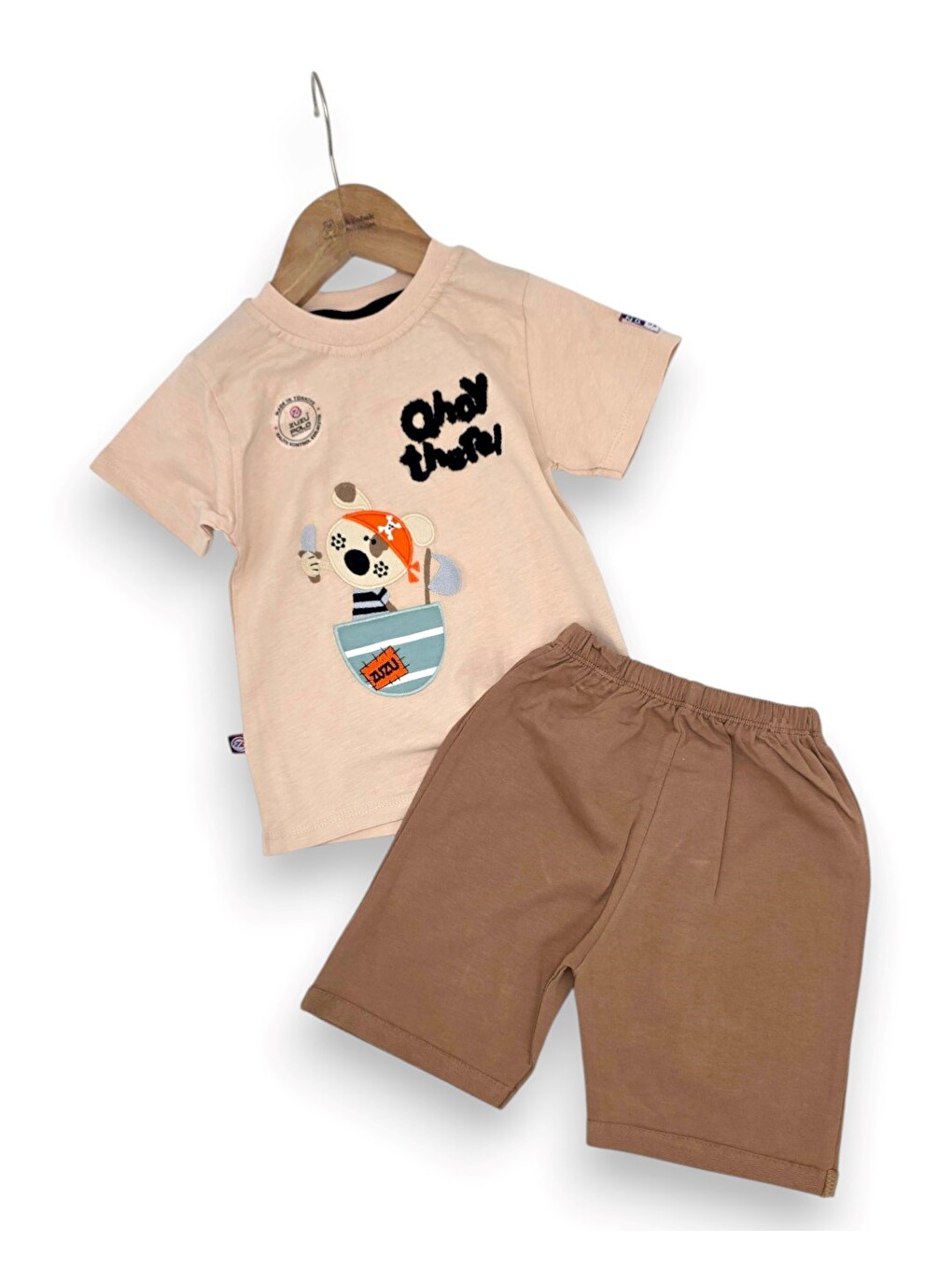 Bej Erkek Bebek Yazlık Nakışlı Şort T-shirt 2'li Takım-2