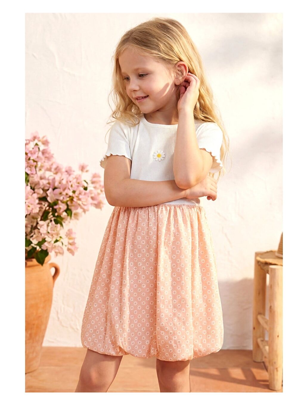 Kız Çocuk Pamuklu Ekru Pembe Papatya Detaylı Elbise - Desenli Balon Etekli-2