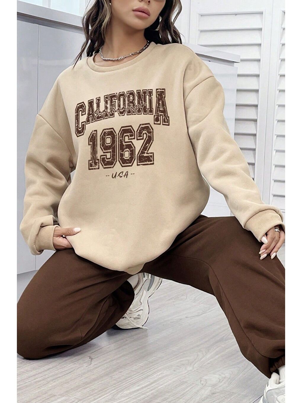 Unisex Kahverengi Bej Bisiklet Yaka California Baskılı Alt-Üst Eşofman Takımı-5