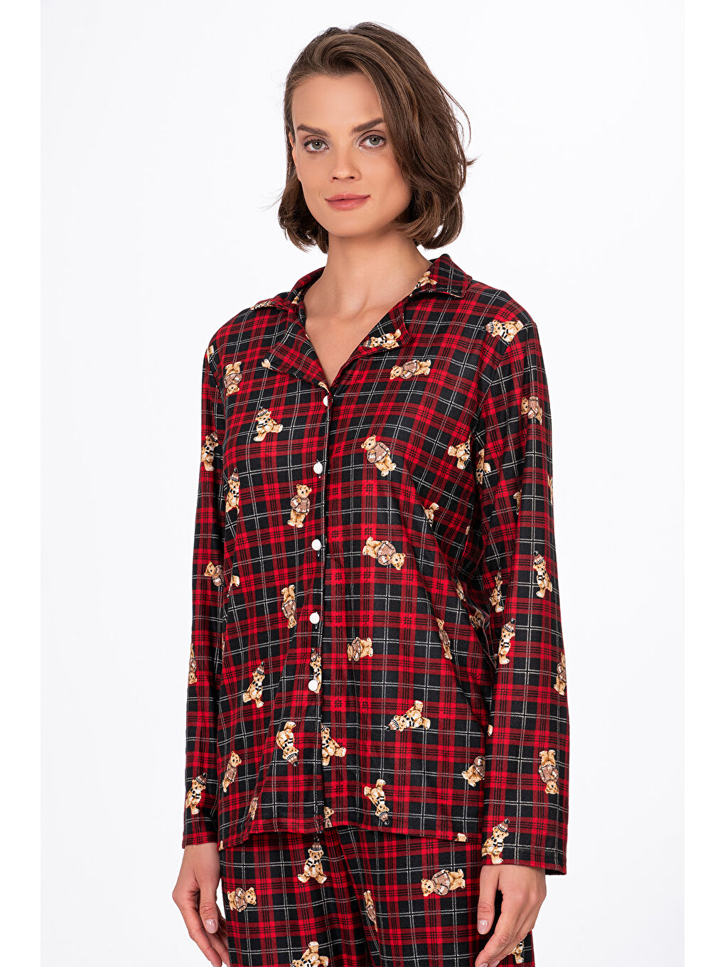 Kırmızı Kadın Süet Önden Düğmeli Pijama Takımı | Ayıcık Desen