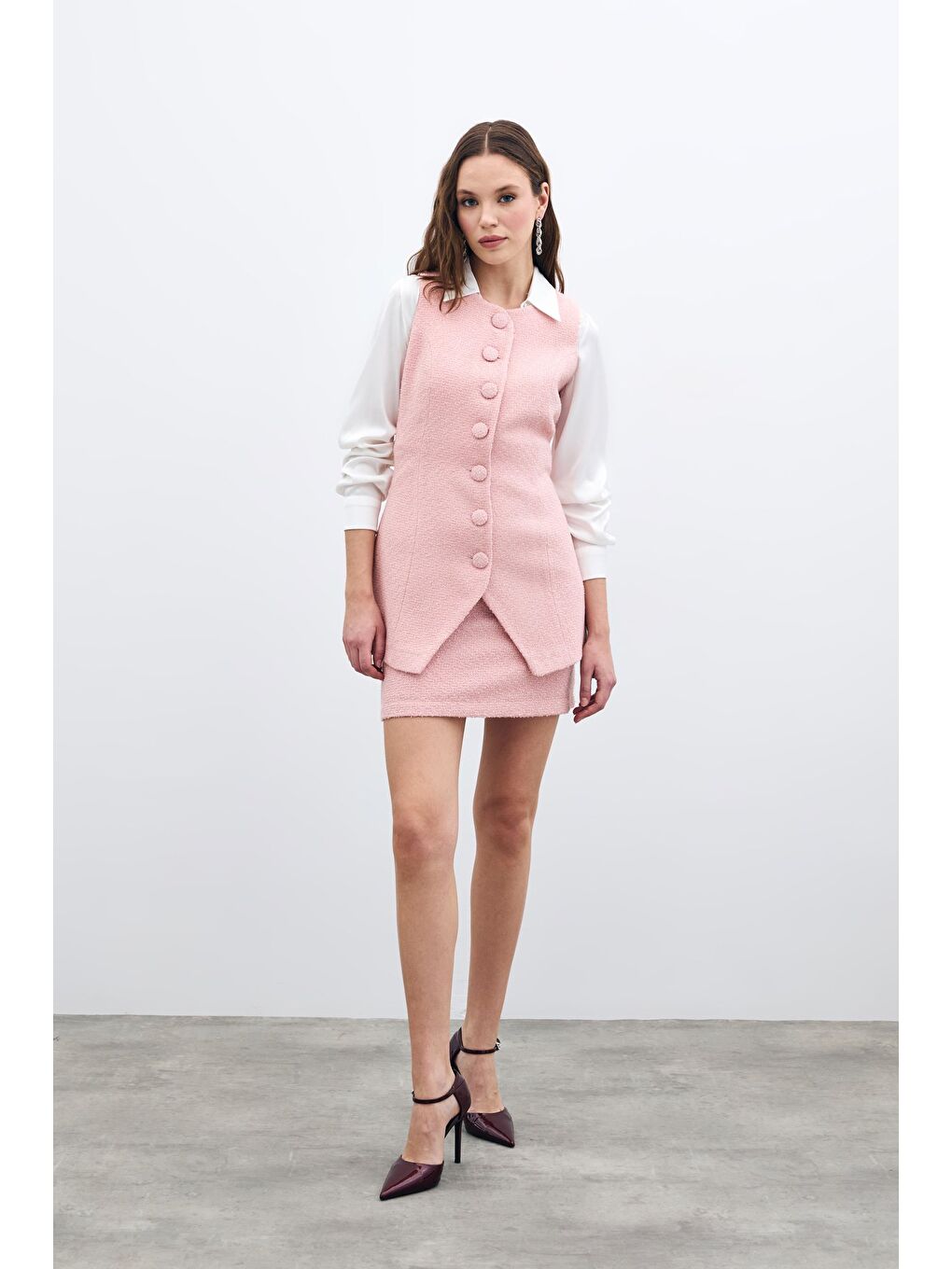 Pembe Düğmeli Tüvit Yelek - Pudra
