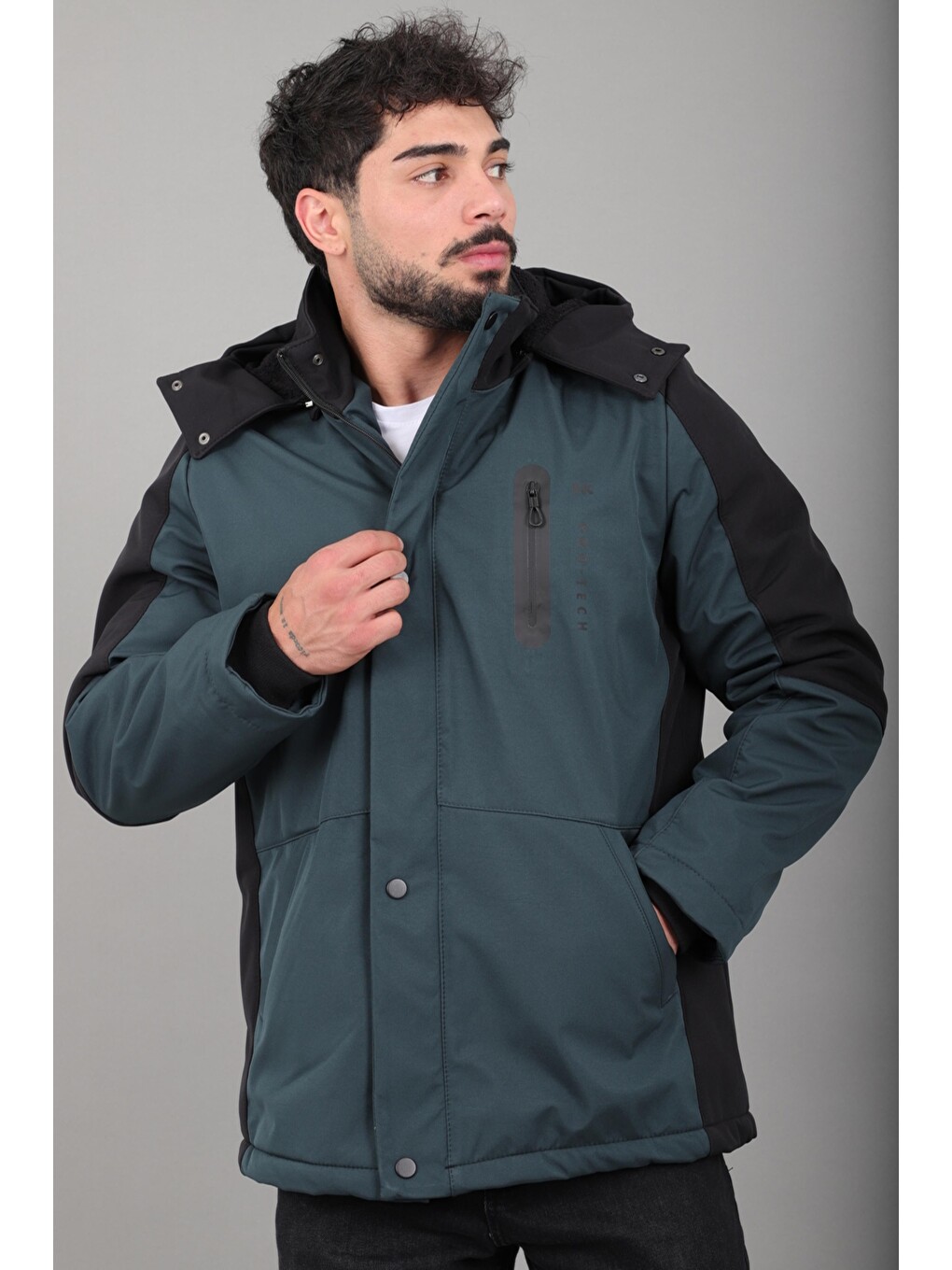 Petrol Çift Renk İçi Kürklü Softshell Kışlık Mont Pldp 3041_50525-1