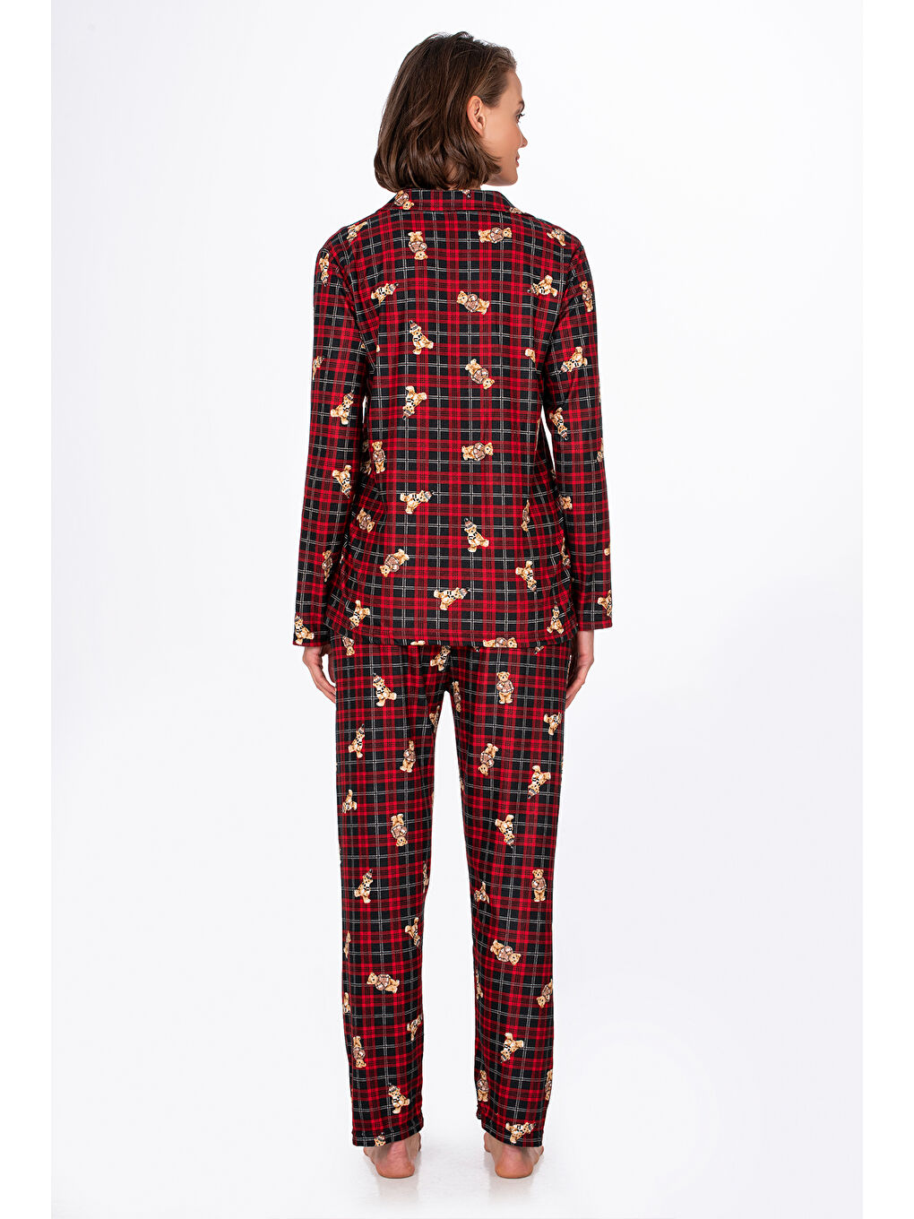 Kırmızı Kadın Süet Önden Düğmeli Pijama Takımı | Ayıcık Desen-1