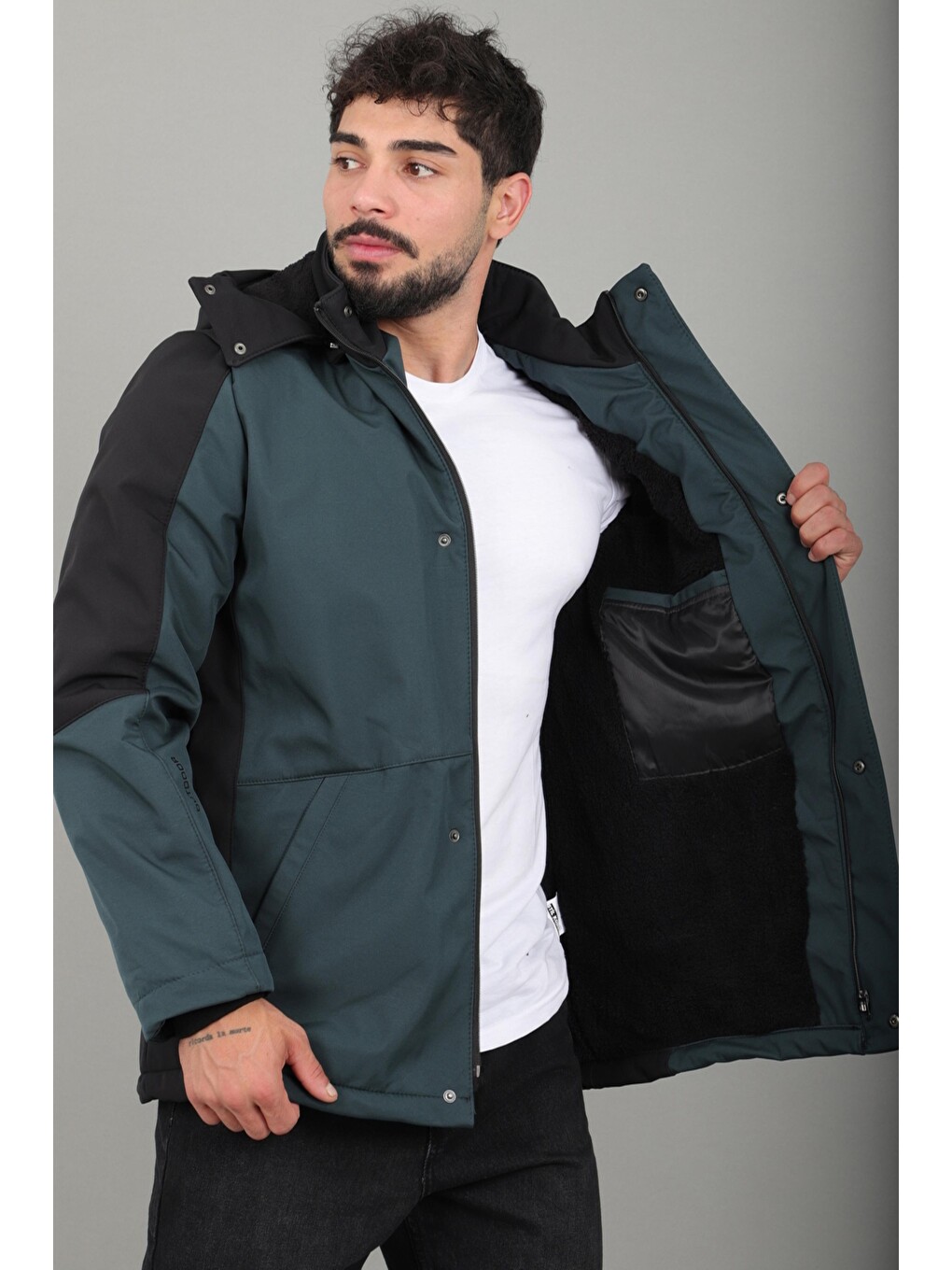 Petrol Çift Renk İçi Kürklü Softshell Kışlık Mont Pldp 3041_50525-2