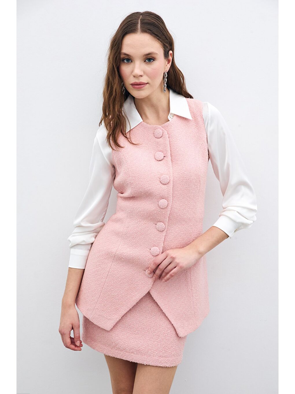 Pembe Düğmeli Tüvit Yelek - Pudra-2