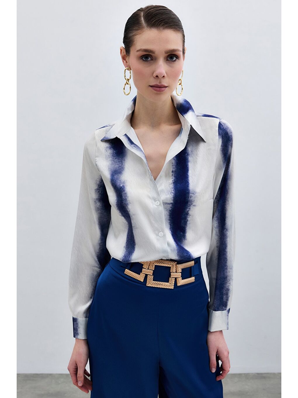 Desenli Klasik Gömlek - Sax Mavi