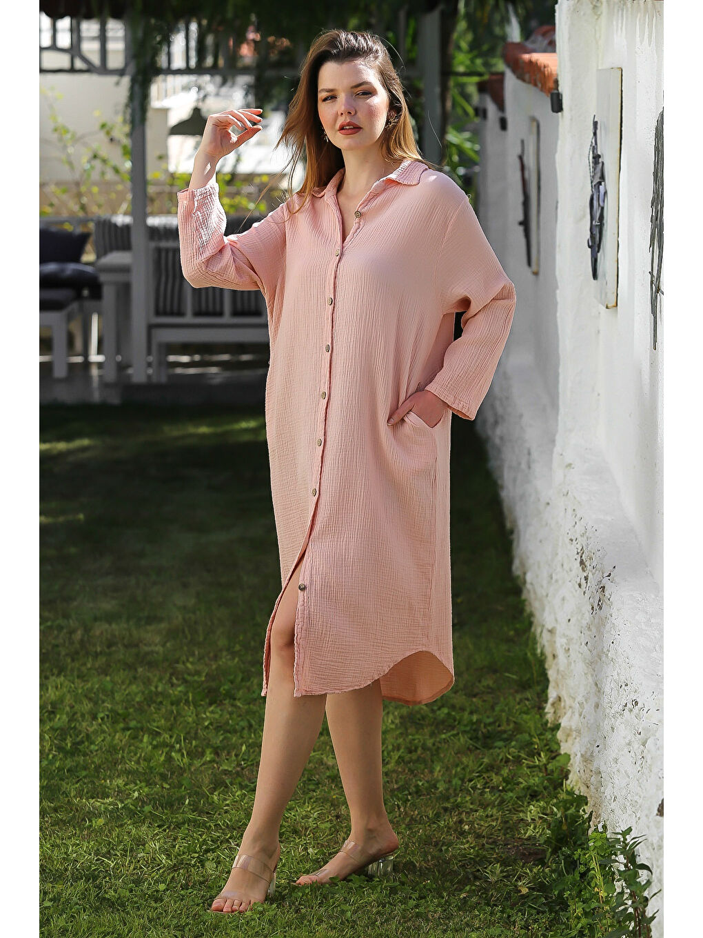 Pembe Pudra Gömlek Yaka Düğmeli Uzun Kollu Cepli Yıkamalı Casual Müslin Dokuma Elbise 118 62-1