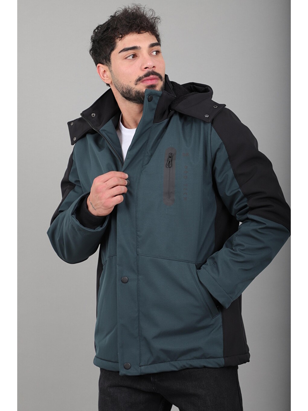 Petrol Çift Renk İçi Kürklü Softshell Kışlık Mont Pldp 3041_50525-4