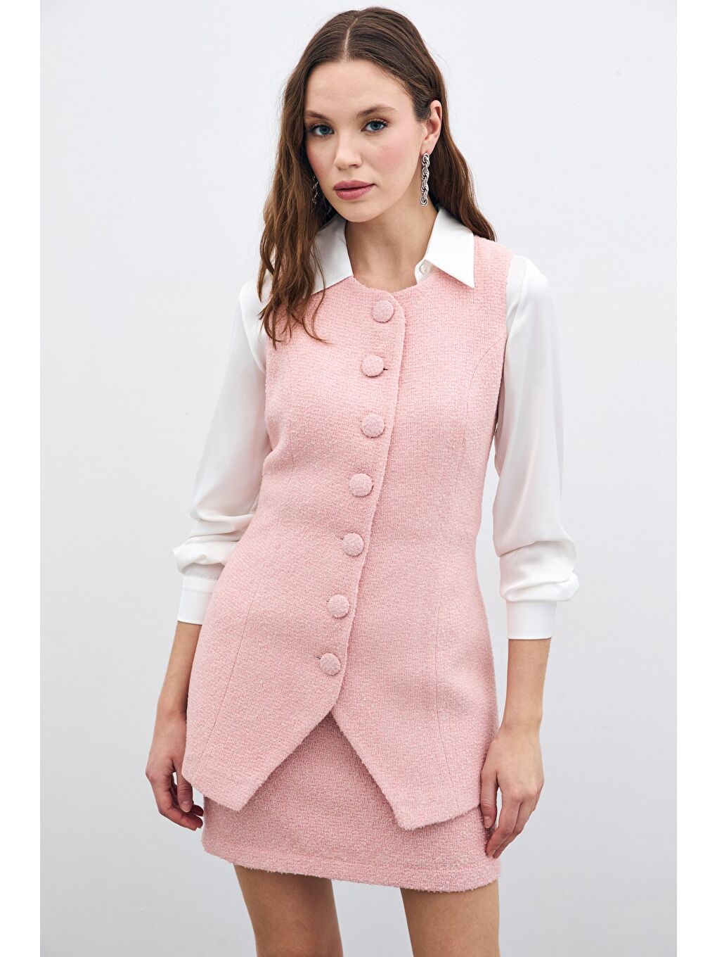 Pembe Düğmeli Tüvit Yelek - Pudra-3