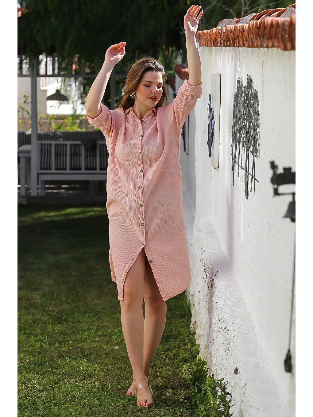 Pembe Pudra Gömlek Yaka Düğmeli Uzun Kollu Cepli Yıkamalı Casual Müslin Dokuma Elbise 118 62-2